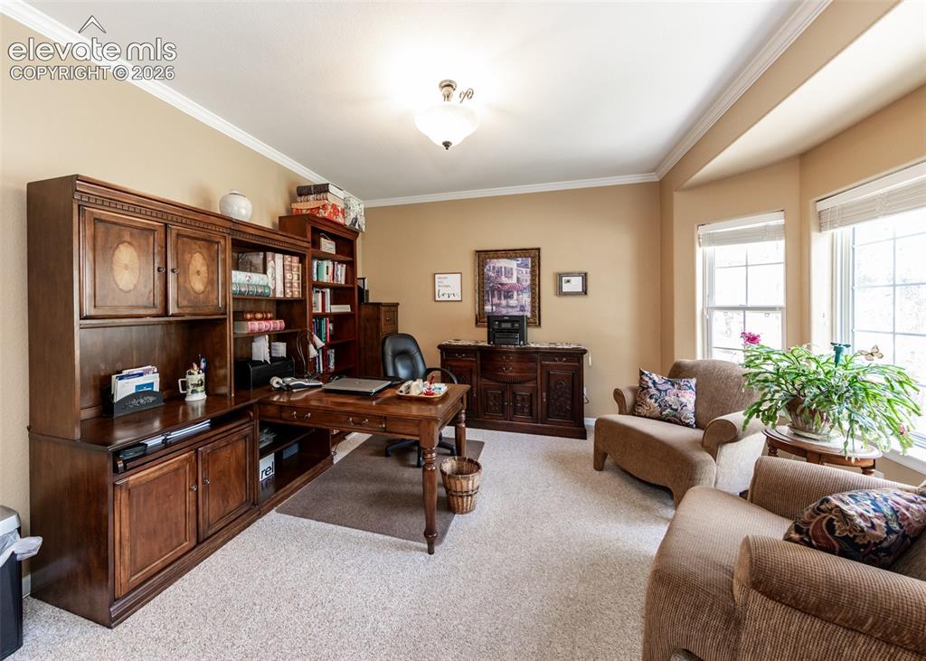 Image 13 of 50: Dedicated office space featuring built-in wood-finish cabinetry, a large ba