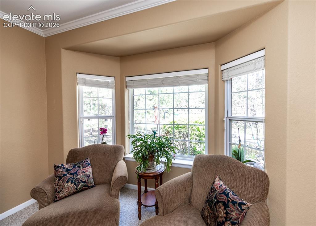 Image 14 of 50: Bay window featuring multiple large windows, crown molding, and neutral-ton