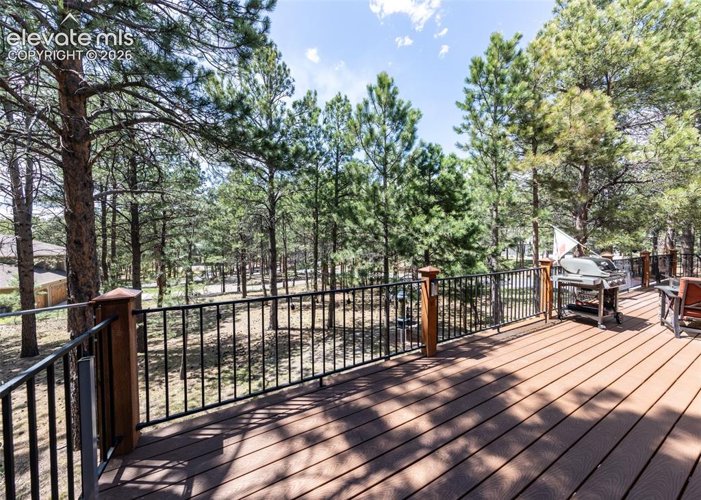 Image 35 of 50: Spacious outdoor deck featuring composite wood-finish flooring, dark metal