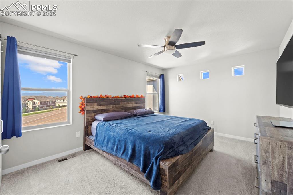 Image 16 of 30: Bedroom featuring light colored carpet, multiple windows, and ceiling fan