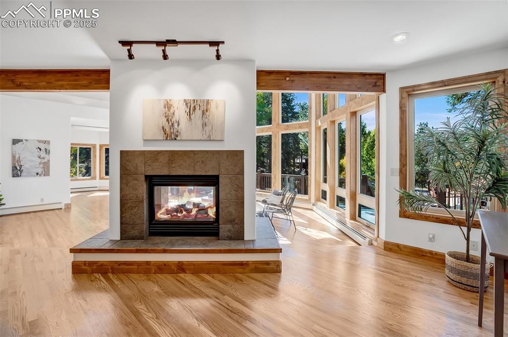 Image 5 of 48: Entry overlooking living area with a 2 sided fireplace