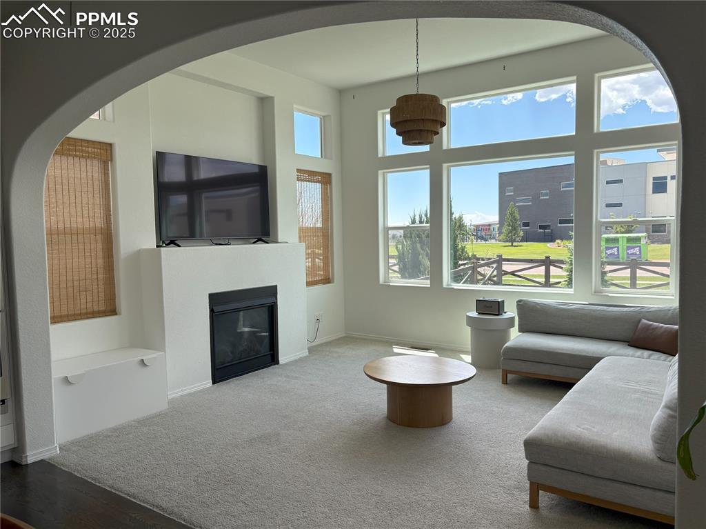 Image 12 of 35: Living area with a glass covered fireplace, carpet floors, and arched walkw