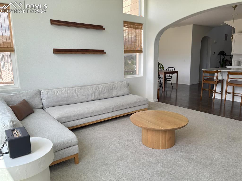 Image 13 of 35: Living room with arched walkways and carpet