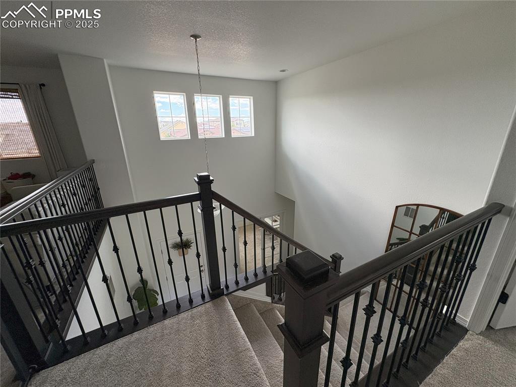 Image 17 of 35: Stairway featuring carpet and a textured ceiling