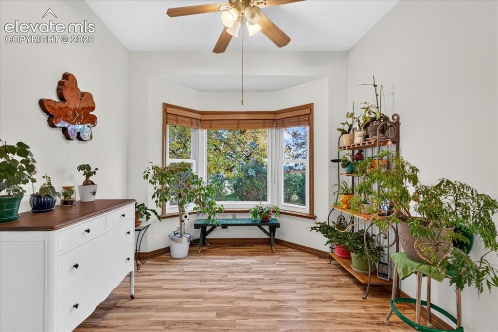 Image 11 of 44: Bay window with wood-trim detailing, wood-finish flooring, and a ceiling-mo