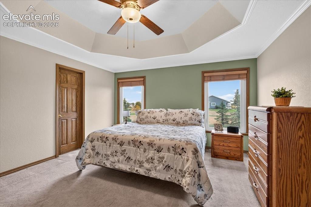 Image 16 of 44: Tray ceiling with a central multi-blade ceiling fan, dual windows with wood