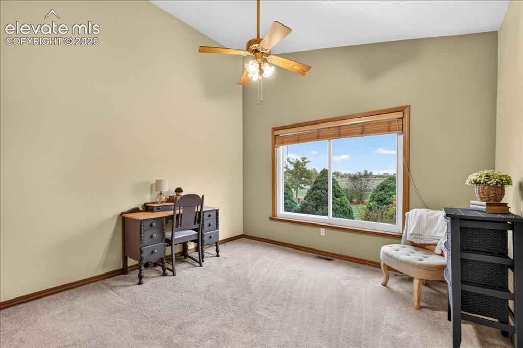 Image 23 of 44: Vaulted ceilings, carpeted flooring, large picture window with natural scen