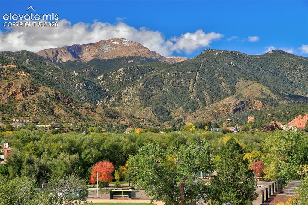 Image 3 of 26: Prominent mountain range backdrop featuring mature deciduous trees and coni
