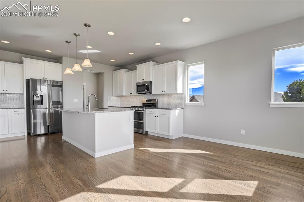 Image 11 of 50: Kitchen with stainless steel appliances, white cabinetry, hanging light fix