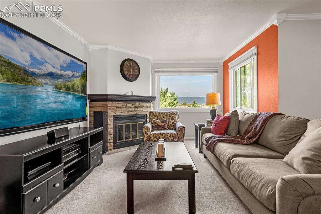 Image 16 of 37: Living room, mountain views, gas fireplace
