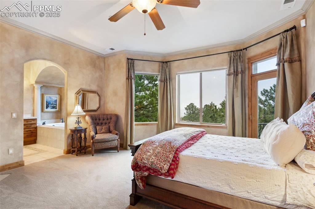 Image 16 of 49: The Primary Bedroom is a private retreat offering neutral carpet, a lighted