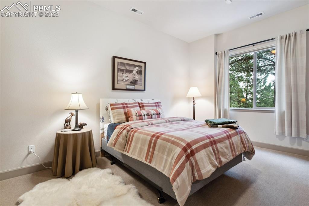 Image 26 of 49: Main-Level Bedroom #3 has neutral carpet and a generous double closets.