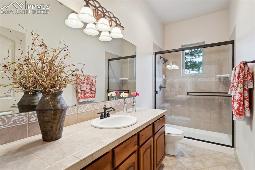 Image 28 of 49: Main-Level Shower Bathroom with tile floor, extended vanity, mirror, and en