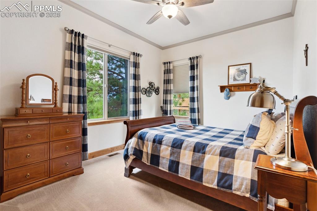 Image 44 of 49: Basement Bedroom #6 has neutral carpet and a lighted ceiling fan.