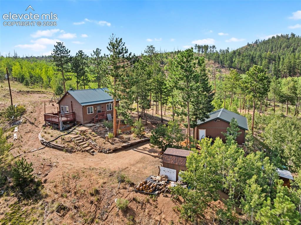 Caption: 1 bed 1 bath cabin and detached 2 car garage bordering Pike National Forest