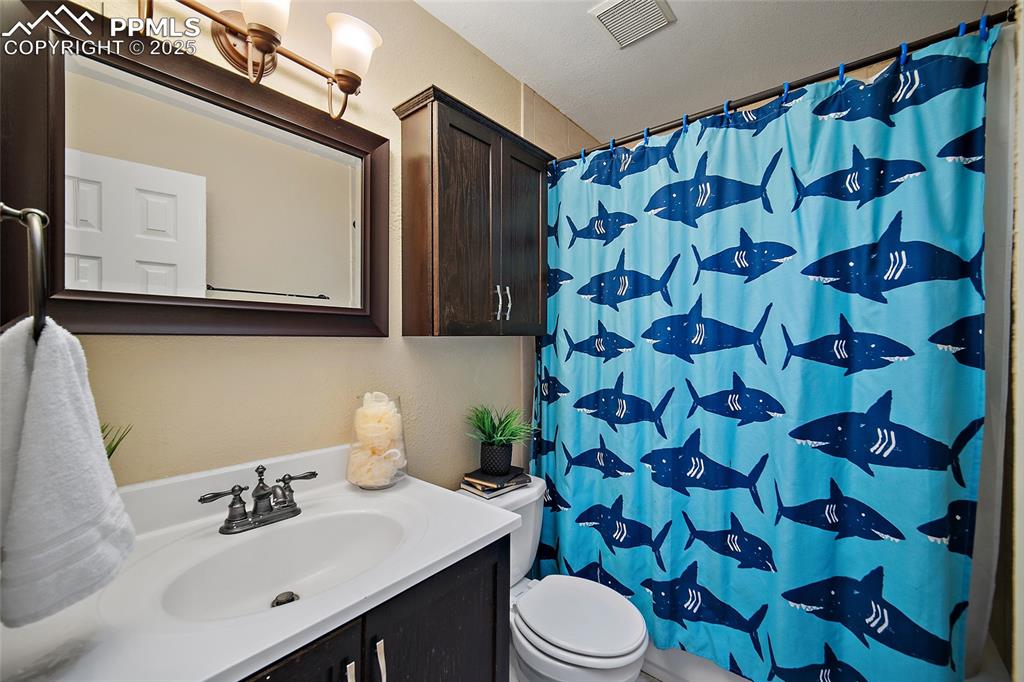 Image 29 of 45: Bathroom featuring vanity and a shower with curtain