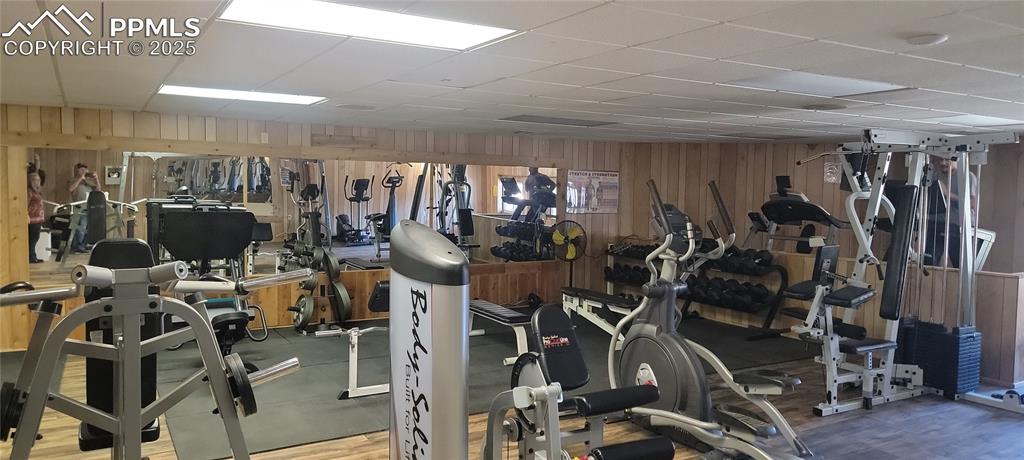 Image 14 of 23: Exercise room featuring a paneled ceiling, wooden walls, and wood finished 