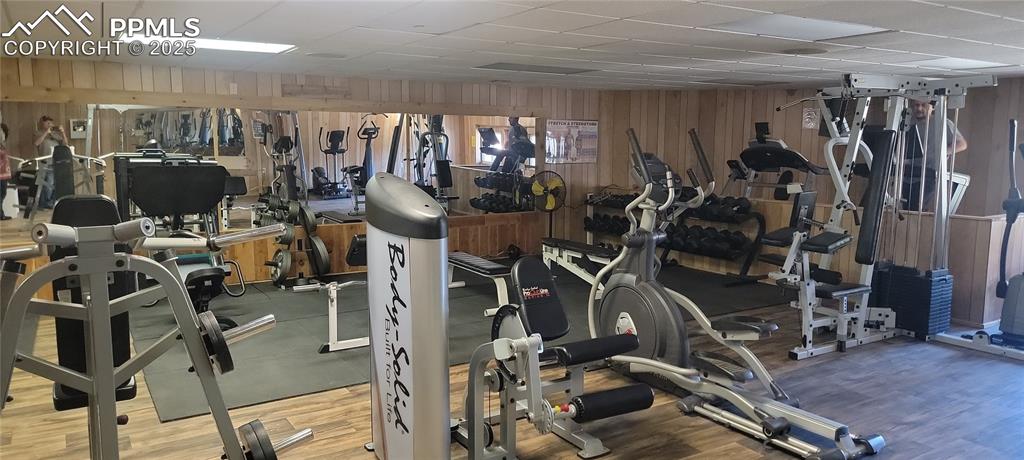 Image 15 of 23: Exercise room with a paneled ceiling, wood walls, and wood finished floors