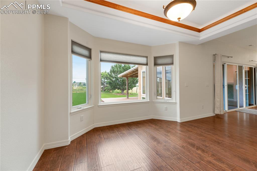 Image 40 of 48: Empty room with hardwood / wood-style floors and a raised ceiling
