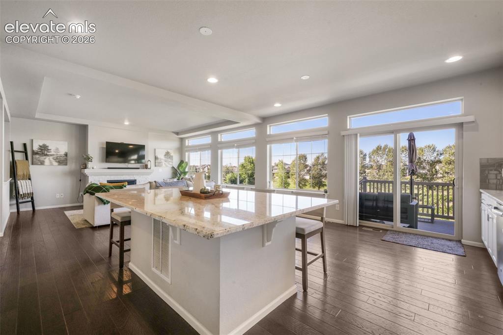 Image 11 of 48: Spacious open concept living area featuring dark wood-finish flooring, a ki