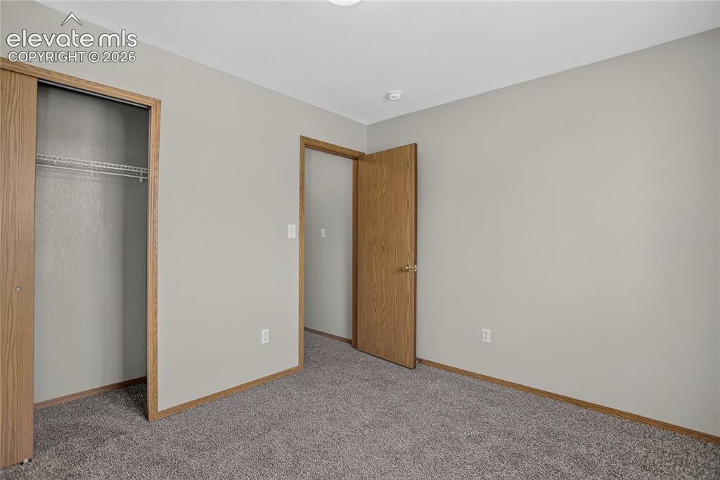 Image 27 of 36: Wall-to-wall carpeting with light gray walls, wood-finish trim, and natural