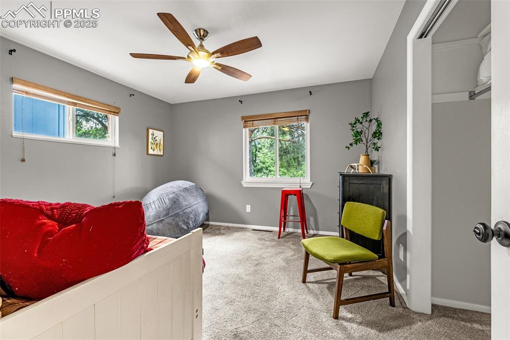 Image 31 of 43: Carpeted bedroom featuring multiple windows and ceiling fan