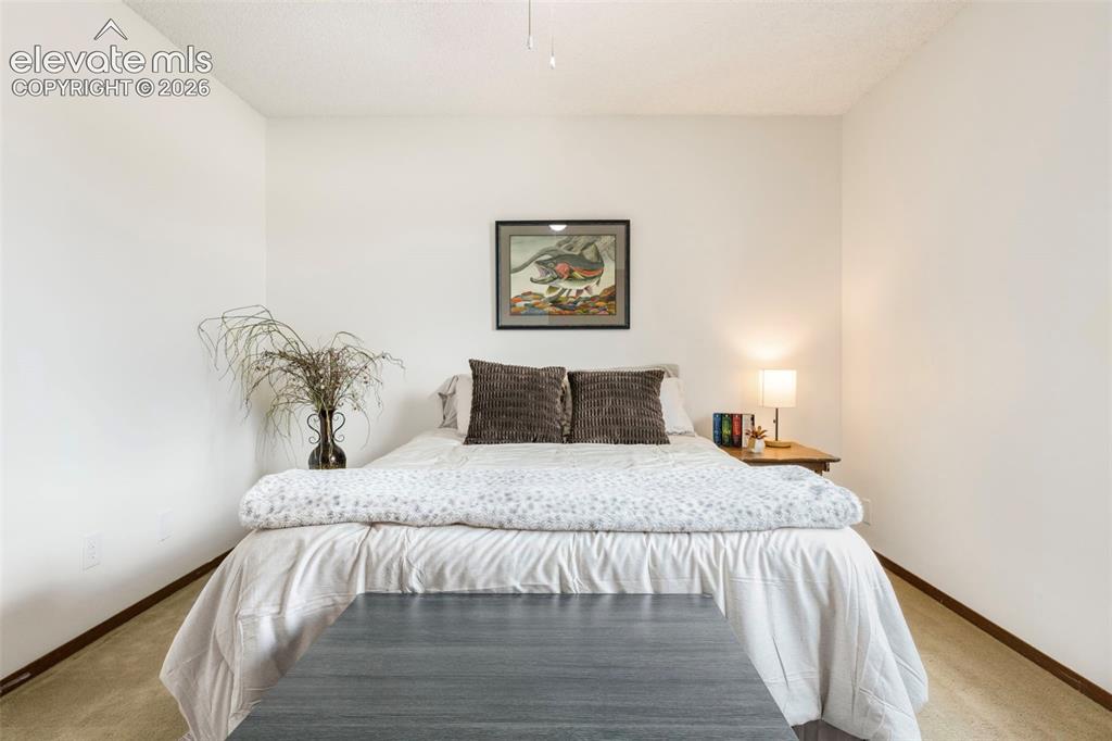 Image 23 of 26: Minimalist bedroom featuring light-colored walls and carpet flooring