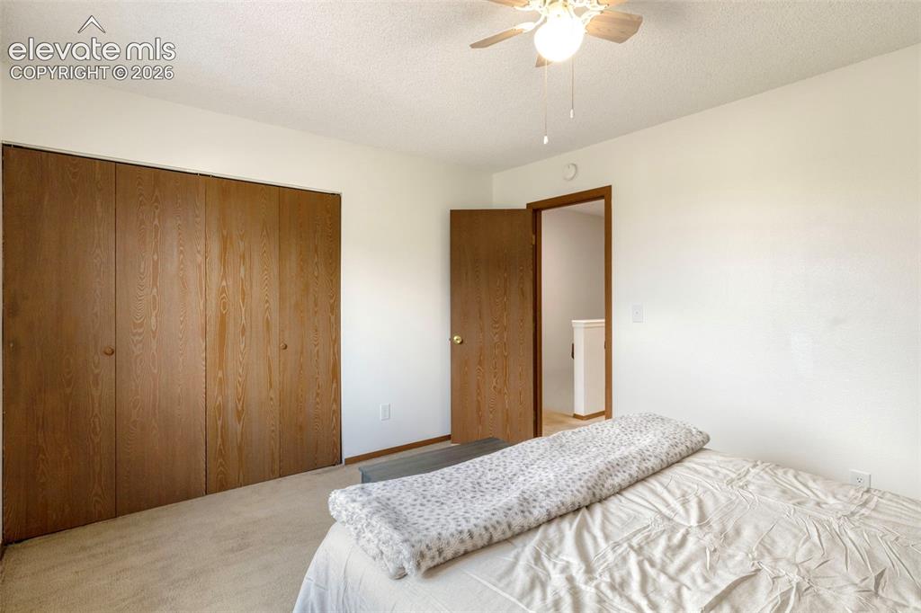 Image 24 of 26: Bedroom featuring wood-finish bi-fold closet doors, neutral carpet flooring