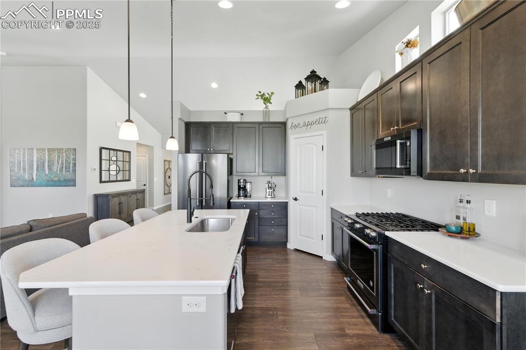 Image 13 of 40: Kitchen with stainless steel appliances, dark wood-style flooring, a kitche