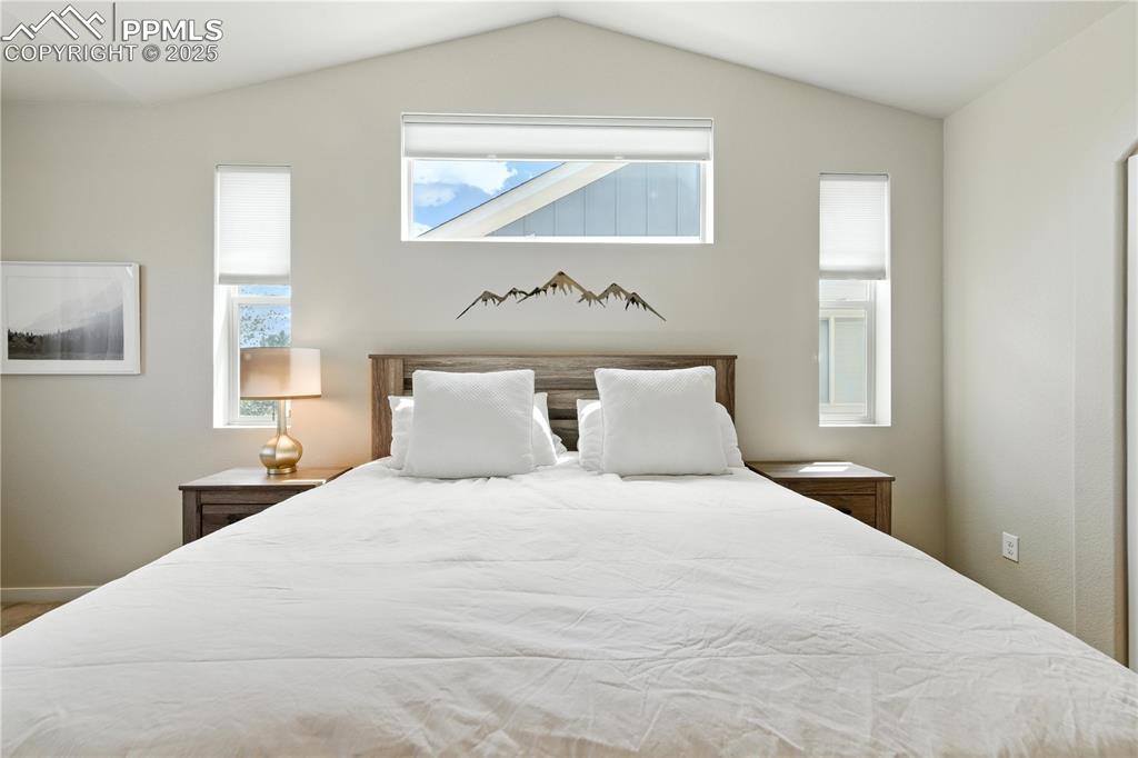 Image 18 of 40: Primary Bedroom featuring lofted ceiling