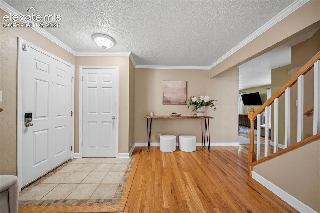 Image 3 of 42: Hardwood flooring entry with tile inset, white paneled doors, and crown mol