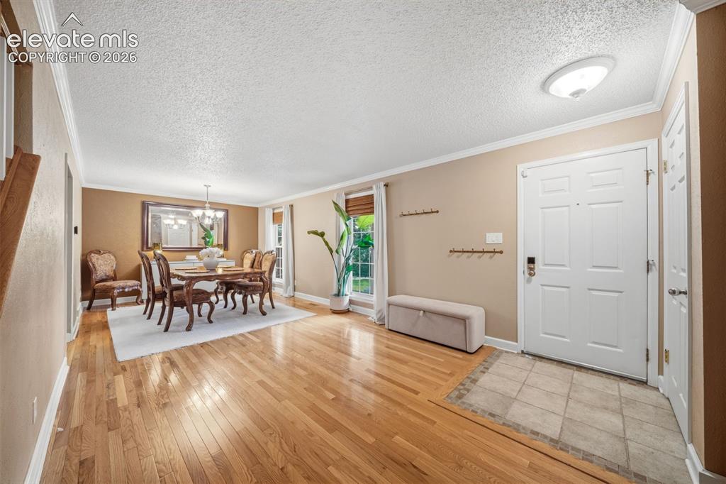 Image 5 of 42: Bright entry foyer with tile flooring leading to wood-finish flooring
