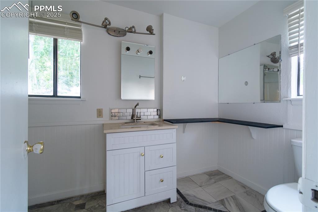 Image 34 of 47: Bathroom with a wainscoted wall and vanity