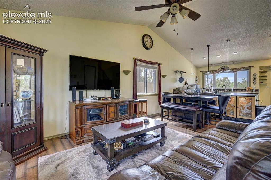 Image 12 of 43: Vaulted ceiling living area with wood-finish flooring