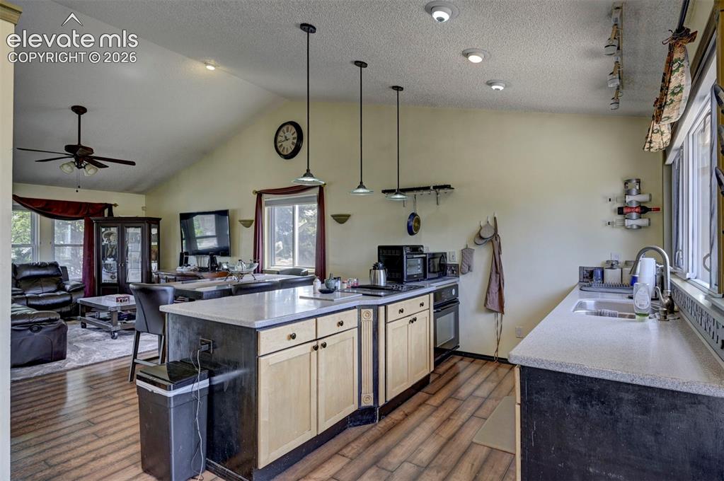 Image 17 of 43: Open-concept kitchen featuring an island with light-toned cabinetry, light