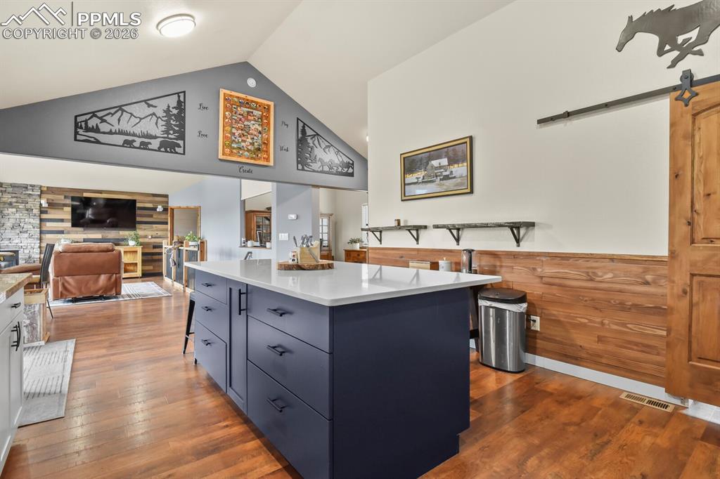Image 10 of 41: Kitchen featuring wood walls, a barn door, dark wood finished floors, a Qua