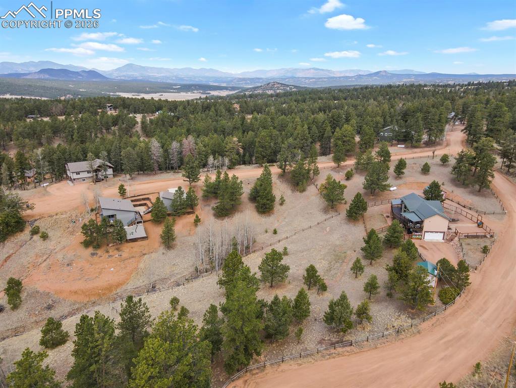 Image 40 of 41: Aerial view of a mountain backdrop and a forest