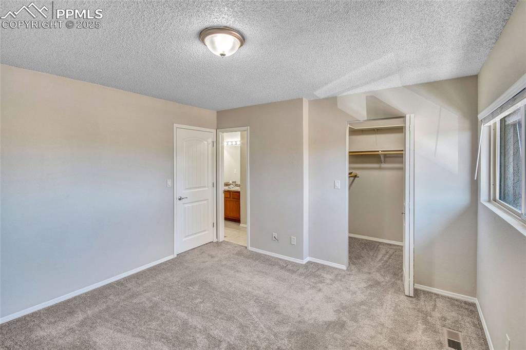 Image 29 of 35: Unfurnished bedroom featuring a spacious closet, light colored carpet, a te