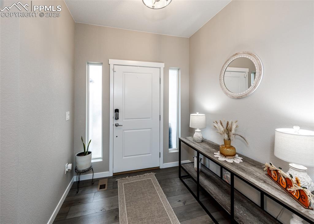 Image 3 of 37: Step into a bright, inviting foyer highlighted by rich hardwood-style floor