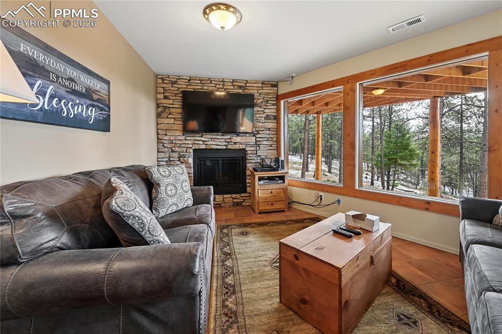 Image 31 of 43: The basement family room provides space for casual socializing and wildlife