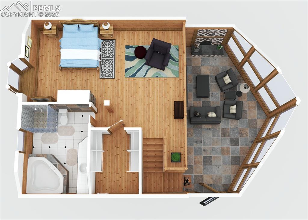 Image 38 of 43: The upstairs floorplan shows off the lofted master suite with it walk-in cl