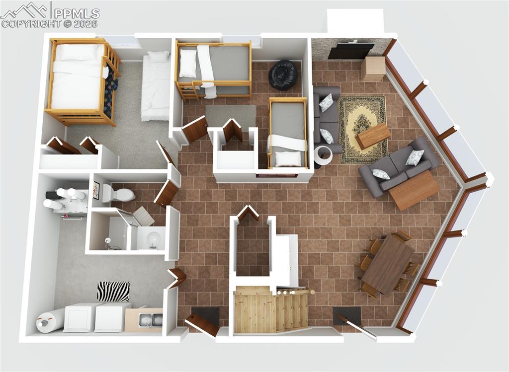 Image 39 of 43: The walk-out basement floorplan shows the bunkrooms and a laundry room with