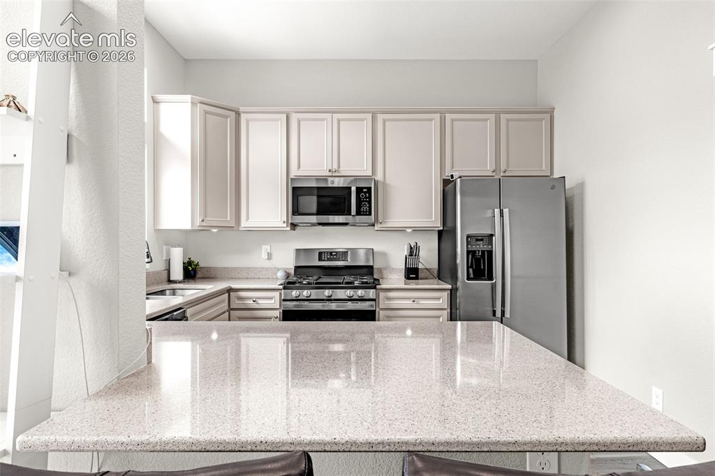 Image 21 of 33: Quartz countertop, stainless steel appliances