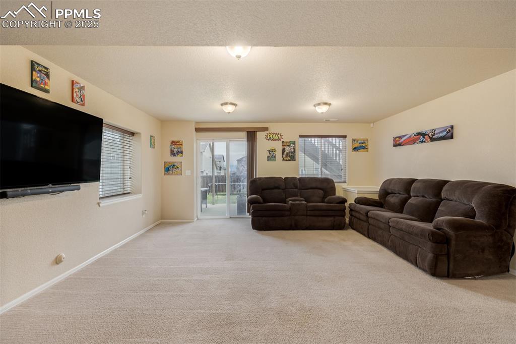 Image 20 of 35: The basement space is adorned with a large living space and walk out capabi