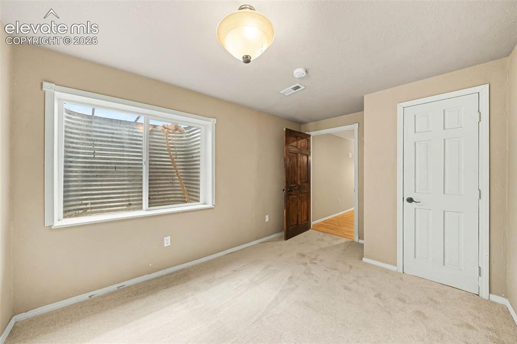Image 26 of 31: Carpeted flooring, egress window, paneled door, ceiling-mounted light fixtu