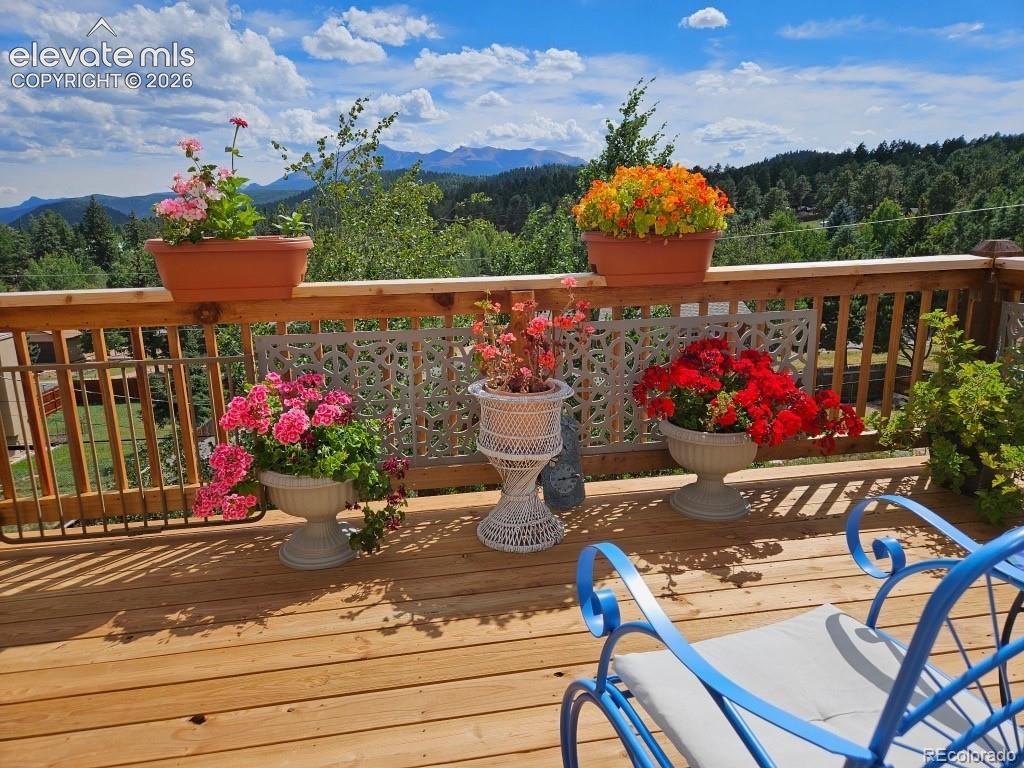 Image 2 of 45: Wood deck with a natural finish, featuring a decorative railing and a mount