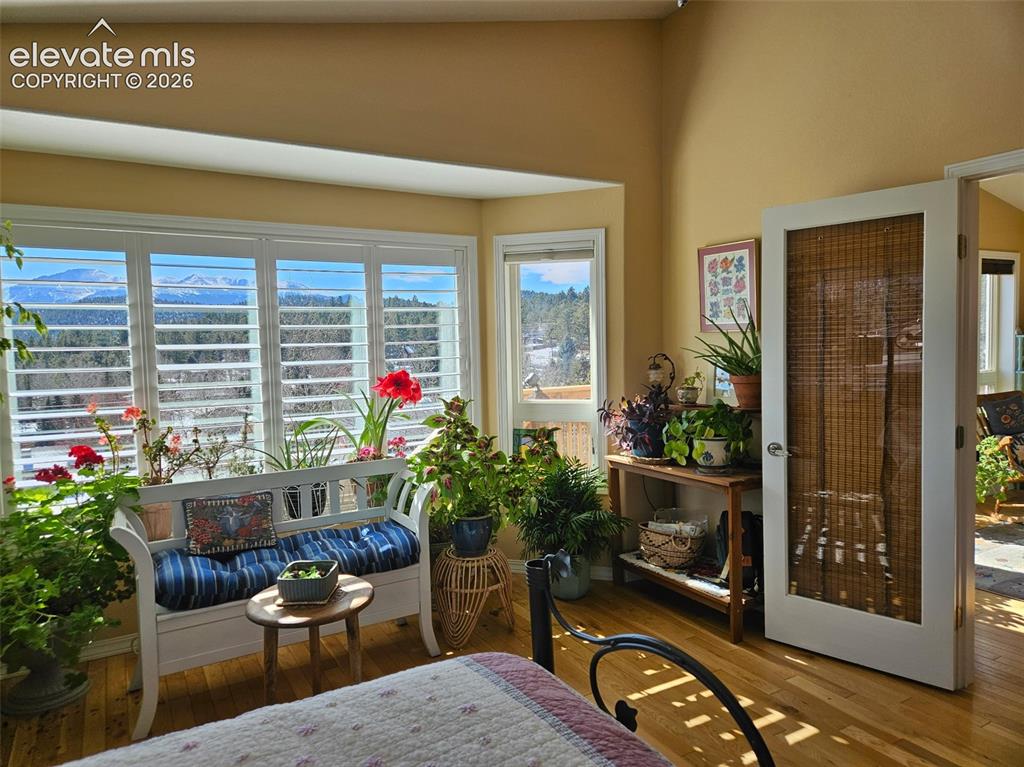 Image 3 of 45: Expansive windows with plantation shutters, vaulted ceiling, wood-finish fl