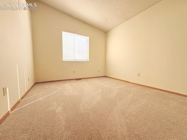 Image 5 of 28: Carpeted empty room with lofted ceiling and a textured ceiling