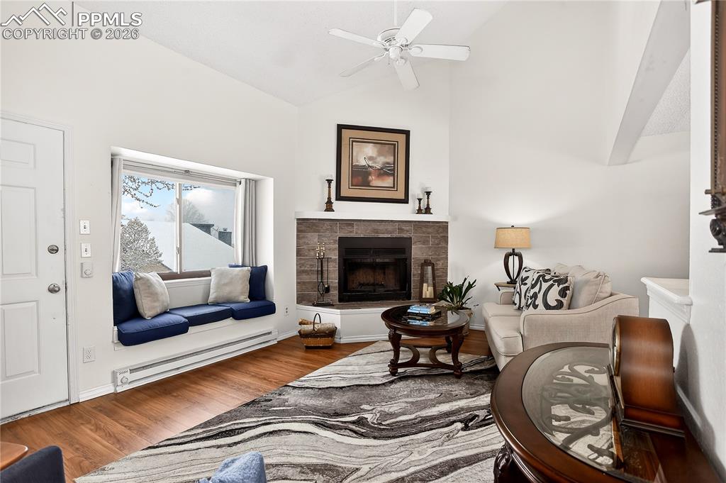 Image 5 of 25: Wood burning fireplace