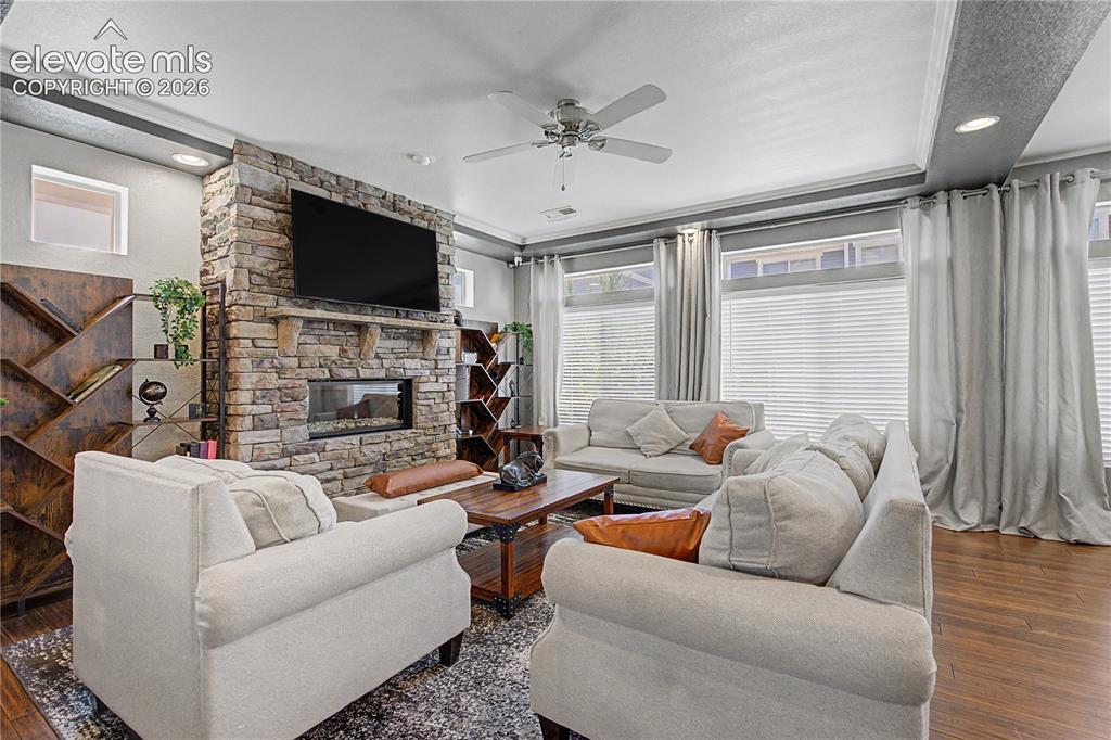 Image 6 of 40: Open Living Room with
Coffered Ceiling